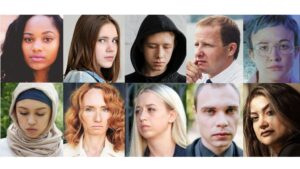 Bilder på en mångfald av ansikten, olika åldrar och nationaliteter
